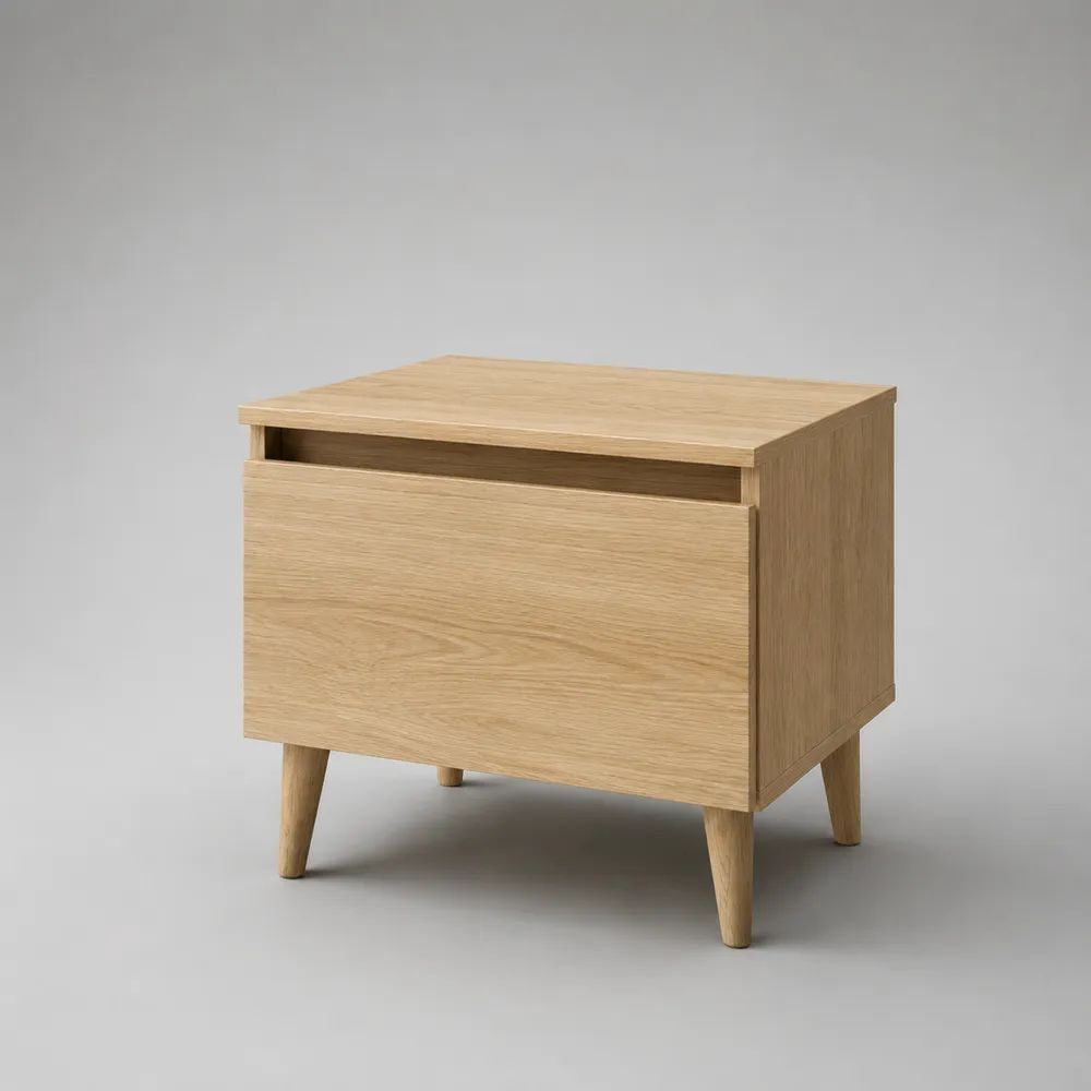Tavolino laterale contenitore rettangolare in MDF impiallacciato rovere con cassetto e gambe in legno massello, 50 × 40 × 55 cm, rovere naturale