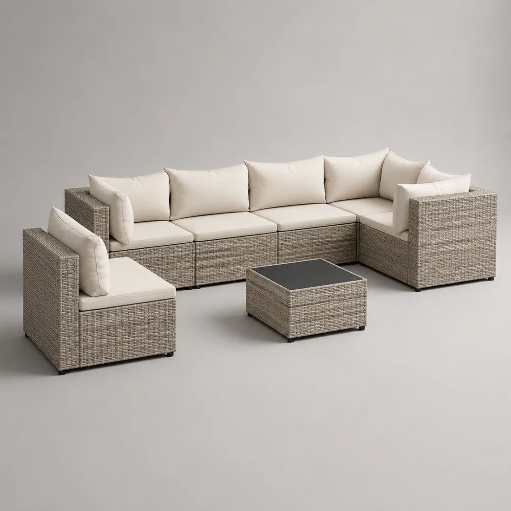 Set modulare da giardino 6 pezzi con divano angolare a 5 posti e tavolino, in rattan PE beige con cuscini crema, 290 x 220 x 66 cm