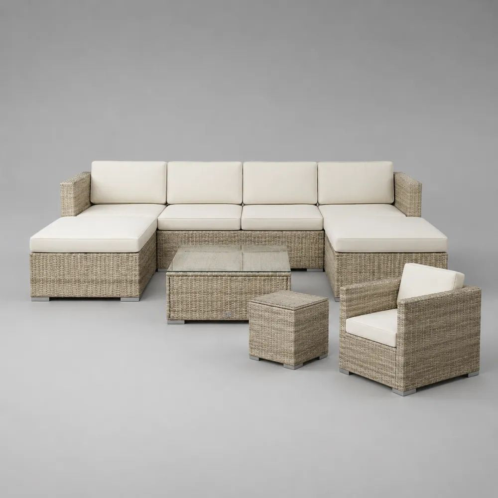 Set salotto da giardino 6 pezzi con divano componibile a U in rattan beige, cuscini crema e tavolino, 310 x 185 x 78 cm
