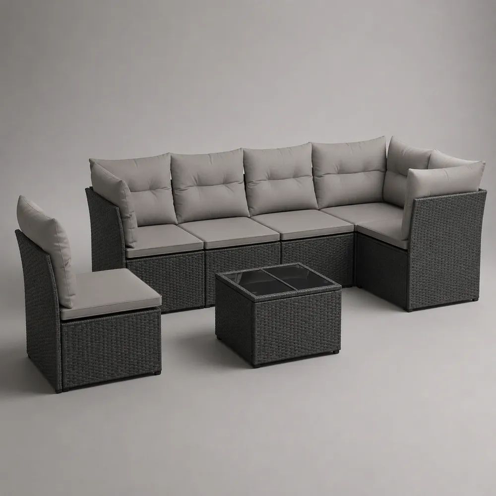 Set divano angolare modulare da esterno 6 pezzi in polyrattan PE grigio antracite con cuscini grigio chiaro, 264 x 132 x 80 cm, tavolino 62 x 62 x 35 cm