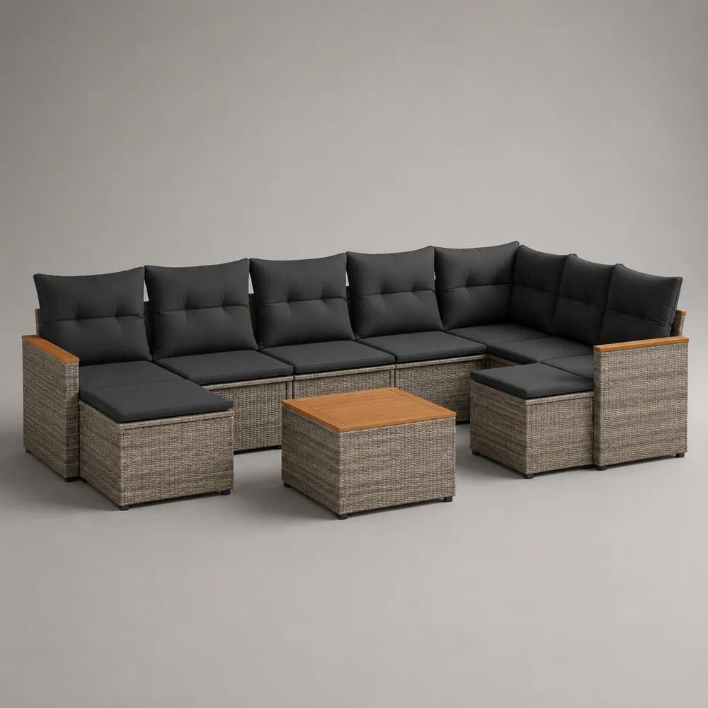 Set divano da giardino modulare a U 11 pezzi in rattan PE grigio con cuscini antracite e piani in legno marrone, 310 x 190 x 65 cm