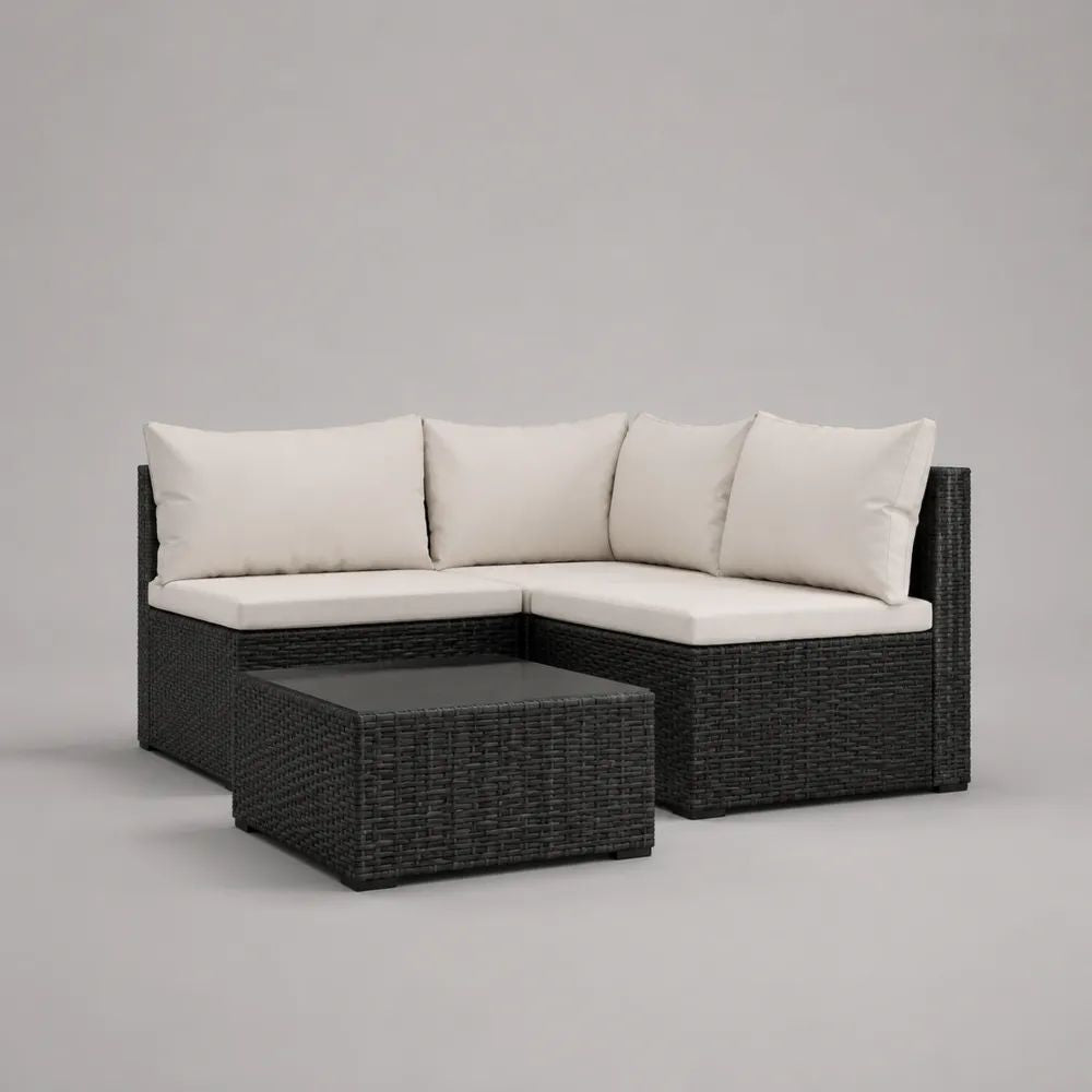 Set salotto da giardino 3 pezzi con divano modulare angolare a 4 posti e tavolino quadrato in rattan PE nero, cuscini crema, 196 x 75 x 72 cm