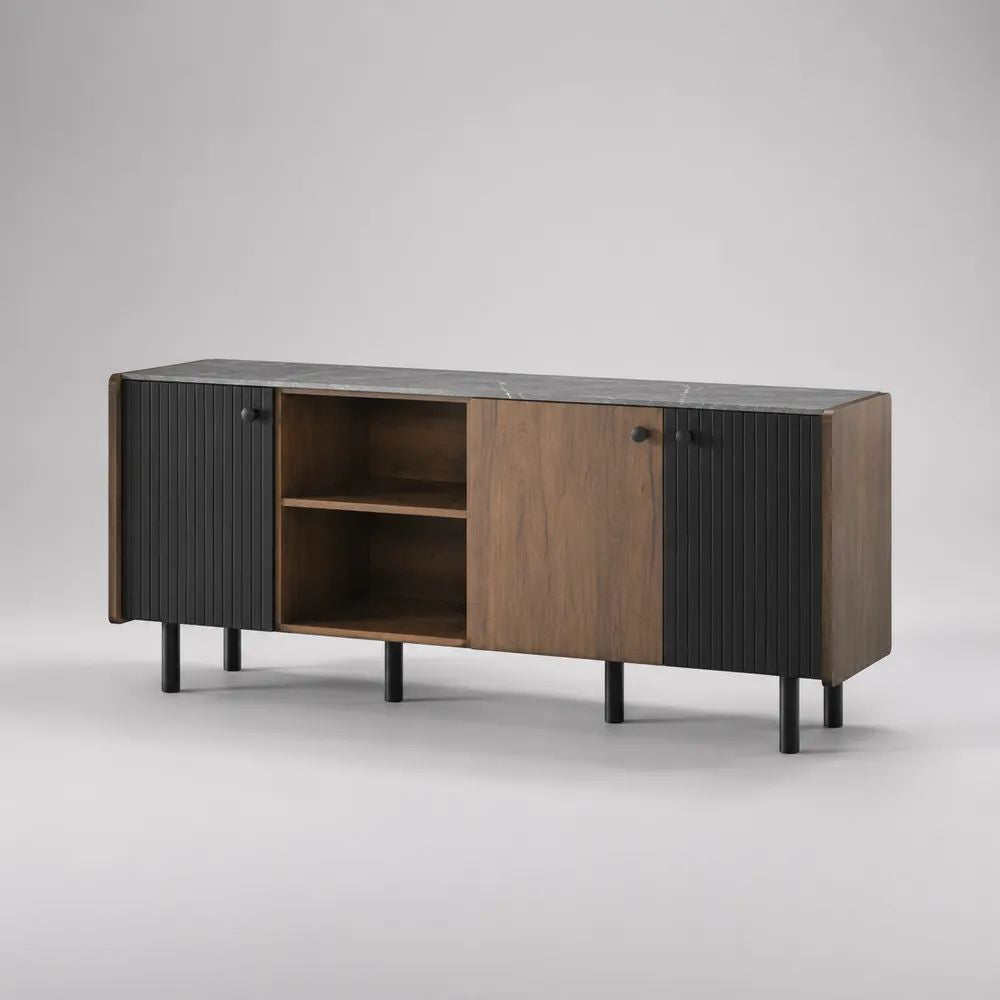 Mobile porta TV rettangolare in legno e metallo con 3 ante e 2 vani, noce, nero e grigio, 160 x 40 x 75 cm
