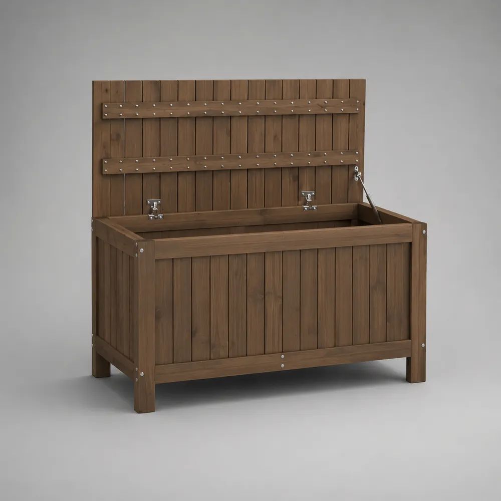 Baule da giardino rettangolare in legno massello di abete marrone, 120 x 50 x 60 cm
