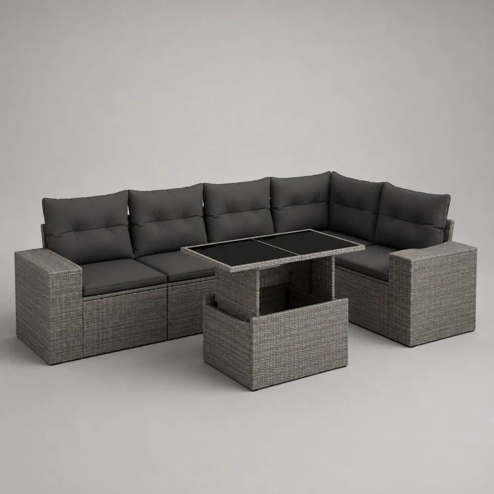 Set salotto da giardino angolare a 6 posti in polyrattan e acciaio grigio mélange con cuscini antracite e tavolo nero, 235 × 175 × 73 cm