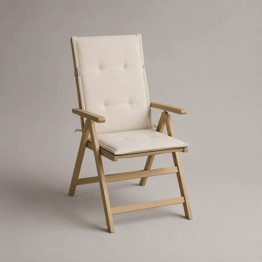 Sedia da giardino pieghevole e reclinabile in legno massello di acacia con braccioli e cuscino beige, 60 x 68 x 110 cm