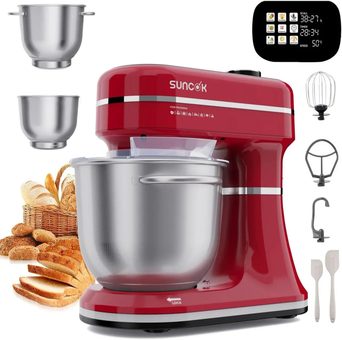 Accessorio per elettrodomestico, 10 L, 1500 W, Impastatrice, touch, timer, professionale, acciaio inox, 12 velocità + Pulse, Touch Display