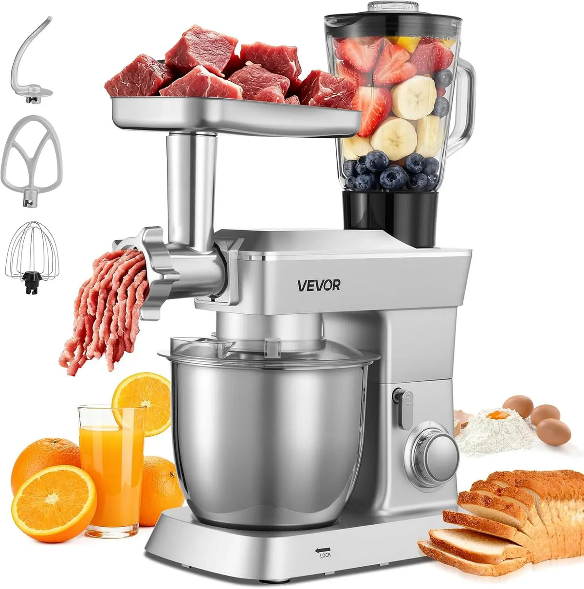 VEVOR Frusta e Sbattitore, Impastatrice Mescolatore per Cucina da 1300 W con Ciotola in Acciaio Inox 4,3 L e Ciotola per Mescolare 1,5 L, Impastatrice