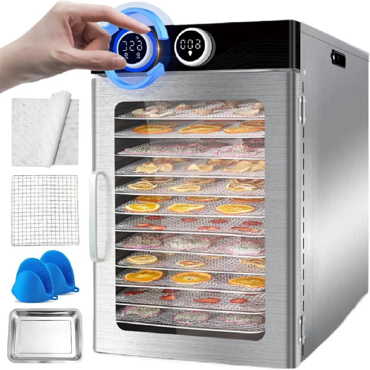 Asciugatrice, 1200 W, 30 a 90 °C, professionale, 2 zone di temperatura, 12 Fogli essiccanti, 2 vaschette raccogli-Gocce, 12 vassoi