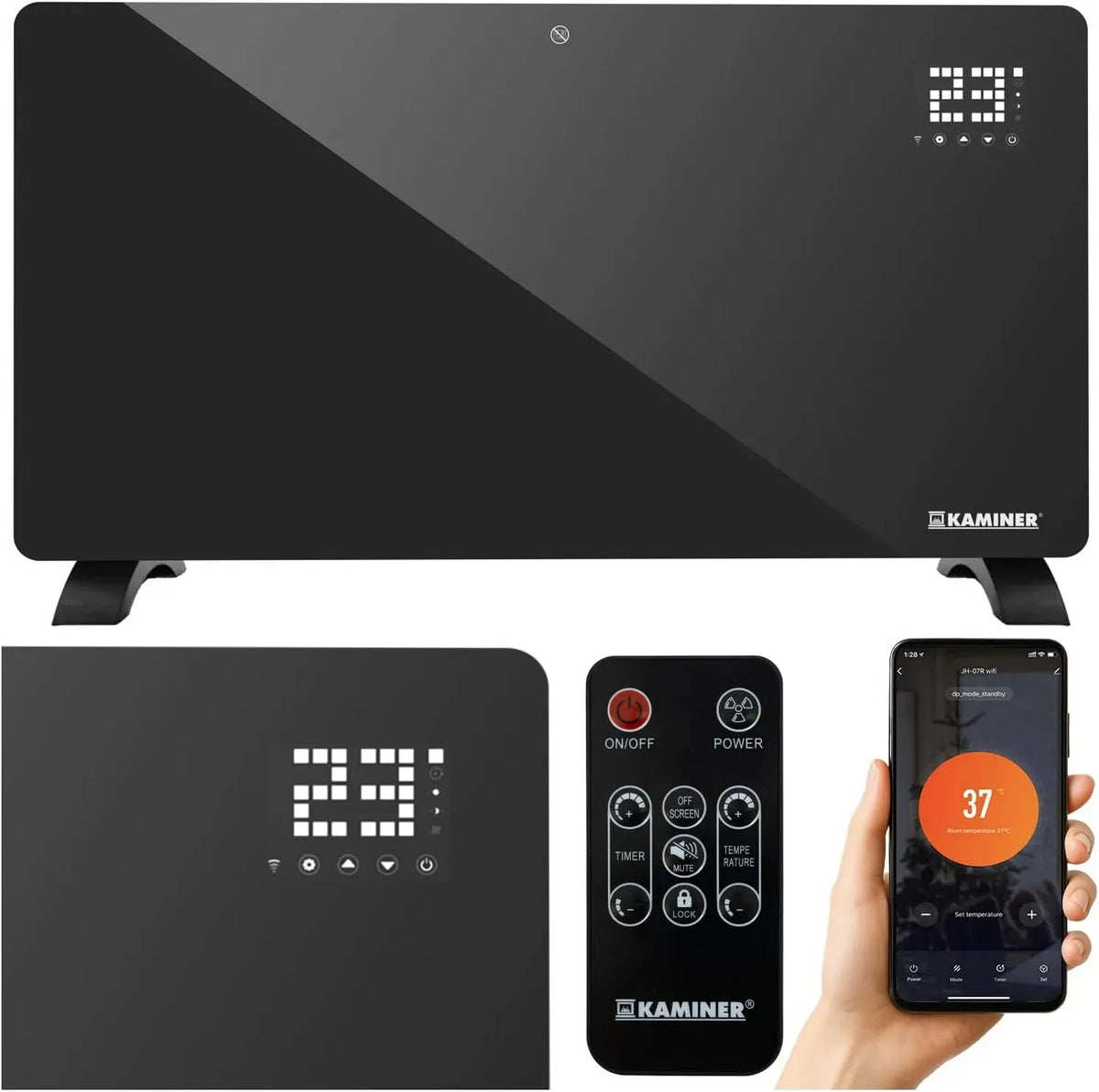 riscaldamento elettrico, ZELVA, 2500 W, termostato 5-50 C, termoconvettore in vetro, con app e telecomando WiFi, timer e programma settimanale