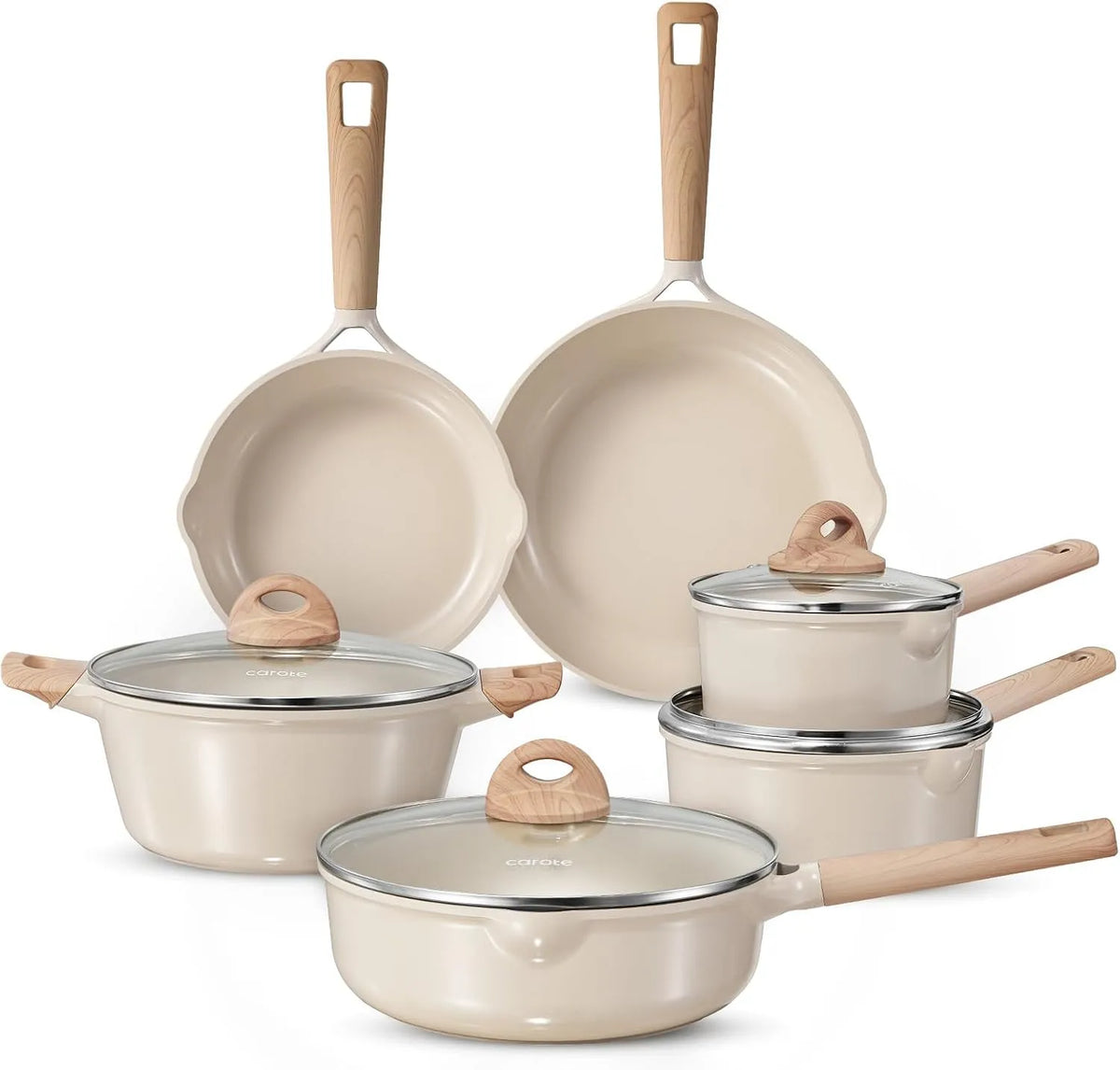 Set Pentole e Padelle Antiaderenti in Ceramica 10 Pezzi, Beige