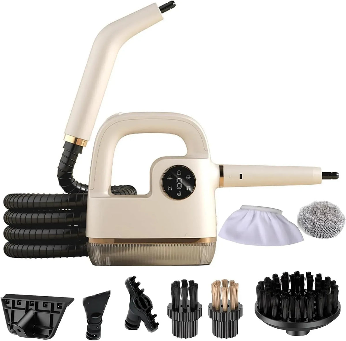 Pulitore a vapore, 1500 W, portatile, display digitale, pressione 4 bar, 3 spazzole per tappezzeria, riscaldamento in 20 secondi