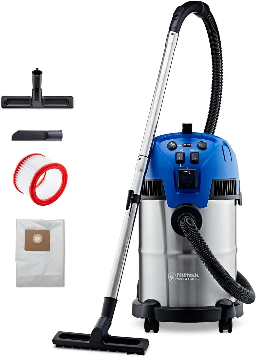 II 30L Nilfisk Multi T Inox Aspiratore Solidi e Liquidi, Funzioni di Aspirazione e Soffiaggio per Interni ed Esterni, per Casa, 1400 W, Giardino e