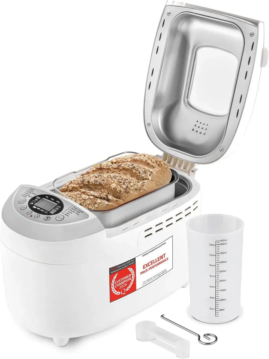 Macchina per il pane, 850 W, 12 programmi, 1250 g, panificatrice, TZS 700-1250g, timer, mantieni caldo, bianco