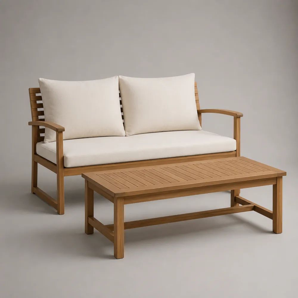 Set da giardino 2 pezzi in legno con divano a 2 posti 130 x 72 x 78 cm e tavolino 100 x 50 x 40 cm, marrone naturale e crema