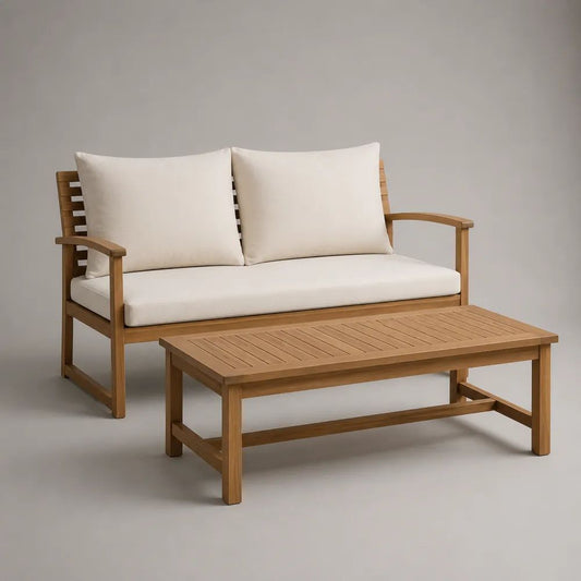 Set da giardino 2 pezzi in legno con divano a 2 posti 130 x 72 x 78 cm e tavolino 100 x 50 x 40 cm, marrone naturale e crema