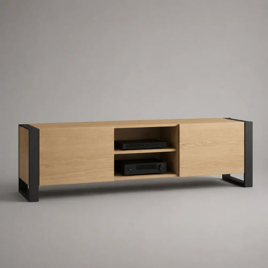 Mobile TV rettangolare in MDF e acciaio nero con 2 ante scorrevoli e 2 vani aperti, 180 x 40 x 60 cm