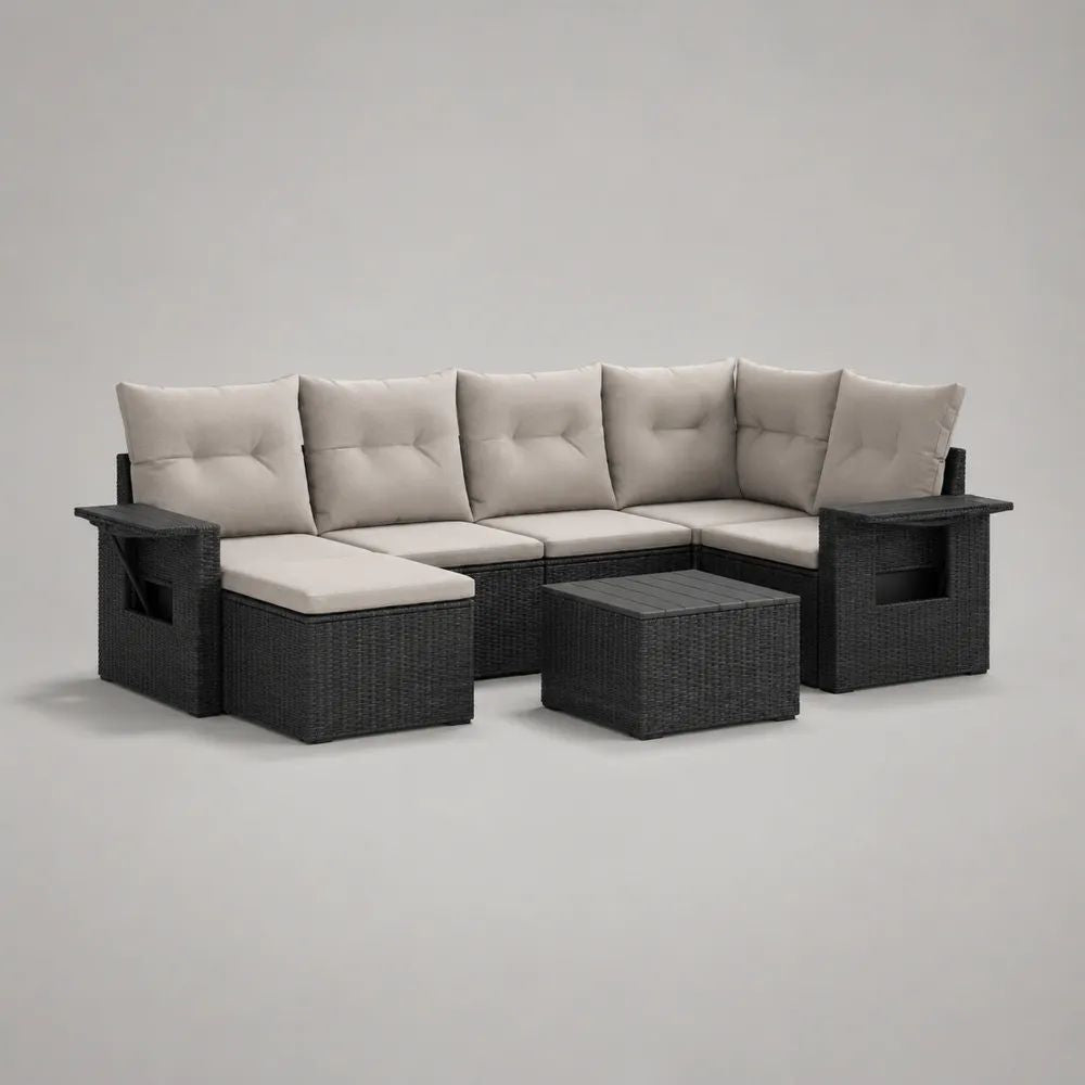 Salotto angolare da giardino 8 pezzi in rattan sintetico nero con cuscini beige e tavolino, 270 x 205 x 74 cm