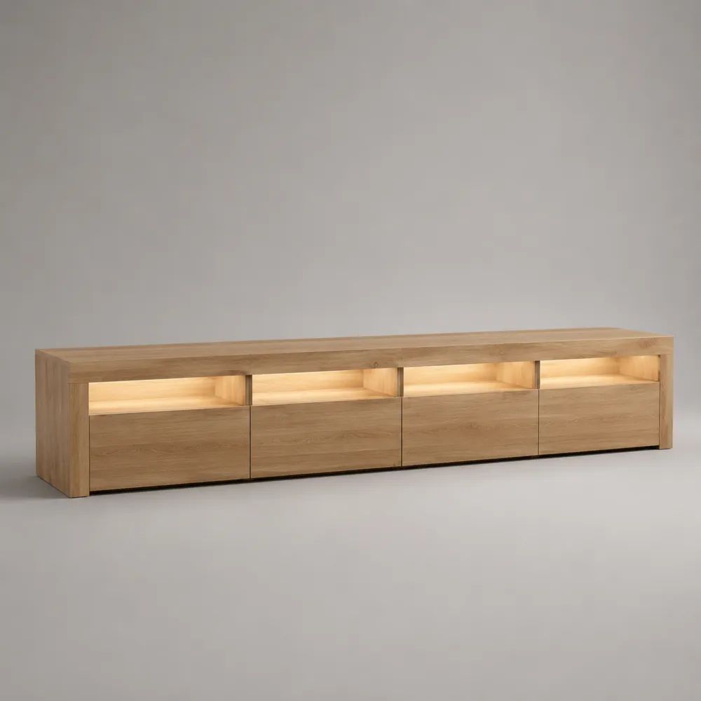 Mobile TV basso rettangolare in MDF impiallacciato rovere con 4 cassetti, 4 vani aperti e illuminazione LED, 240 × 40 × 55 cm, rovere naturale e nero