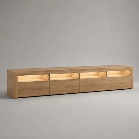 Mobile TV basso rettangolare in MDF impiallacciato rovere con 4 cassetti, 4 vani aperti e illuminazione LED, 240 × 40 × 55 cm, rovere naturale e nero