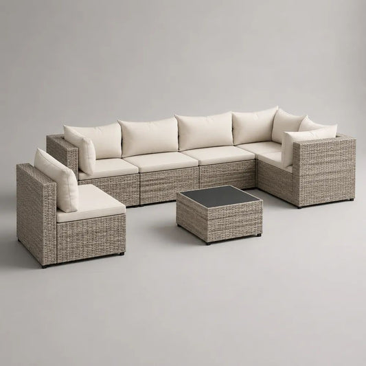 Set modulare da giardino 6 pezzi con divano angolare a 5 posti e tavolino, in rattan PE beige con cuscini crema, 290 x 220 x 66 cm
