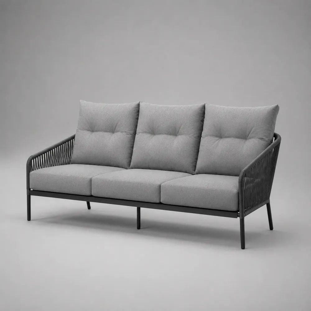 Divano da esterno a 3 posti in acciaio e corda in PE grigio chiaro/antracite, 190 x 78 x 86 cm