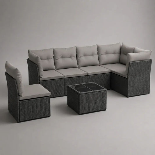 Set divano angolare modulare da esterno 6 pezzi in polyrattan PE grigio antracite con cuscini grigio chiaro, 264 x 132 x 80 cm, tavolino 62 x 62 x 35 cm