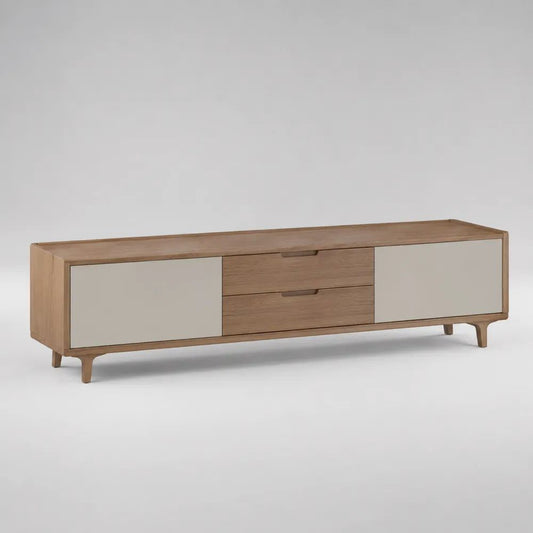 Mobile TV basso rettangolare in legno con 2 ante e 2 cassetti, rovere naturale e beige, 180 x 40 x 55 cm