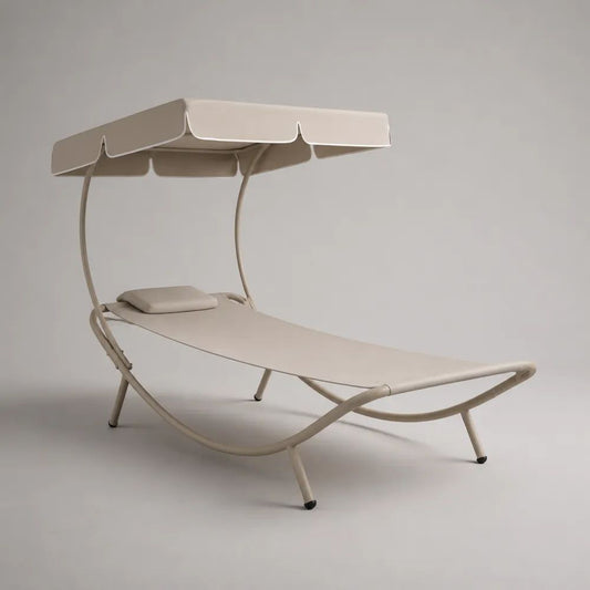 Lettino prendisole a dondolo da esterno con tettuccio in acciaio e tessuto beige, 200 × 140 × 150 cm