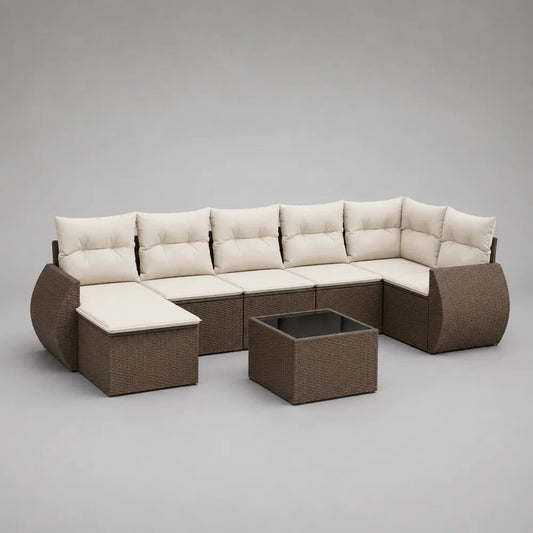 Set divano modulare da esterno 8 pezzi in polyrattan PE marrone con cuscini crema e tavolino, 310 × 210 × 85 cm