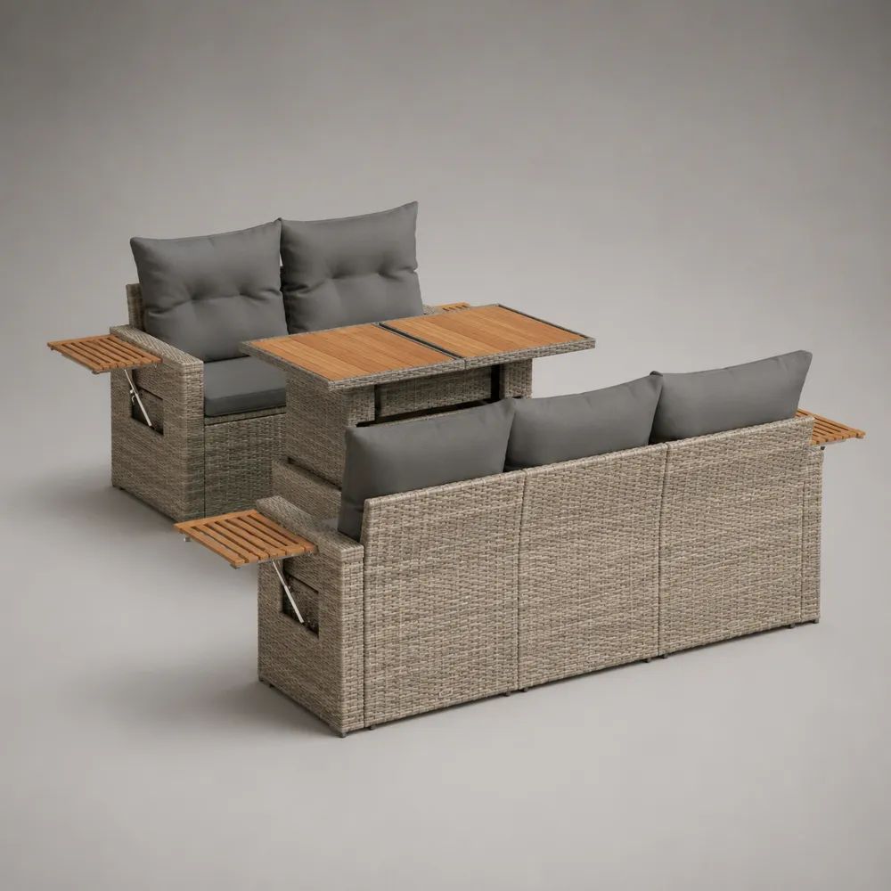 Set di divani da giardino a 5 posti in rattan PE grigio tortora e legno di acacia con tavolo 120 × 70 × 67 cm