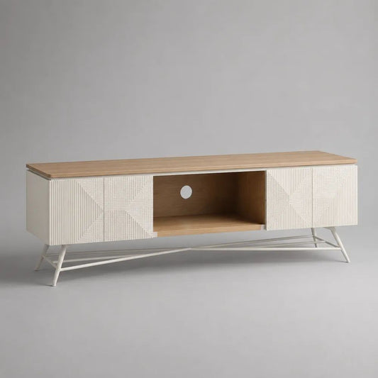 Mobile TV basso rettangolare in MDF e acciaio, bianco e rovere naturale, 160 × 40 × 60 cm