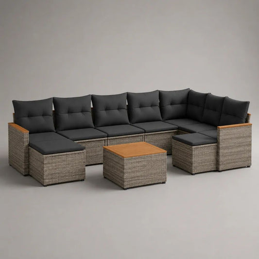Set divano da giardino modulare a U 11 pezzi in rattan PE grigio con cuscini antracite e piani in legno marrone, 310 x 190 x 65 cm