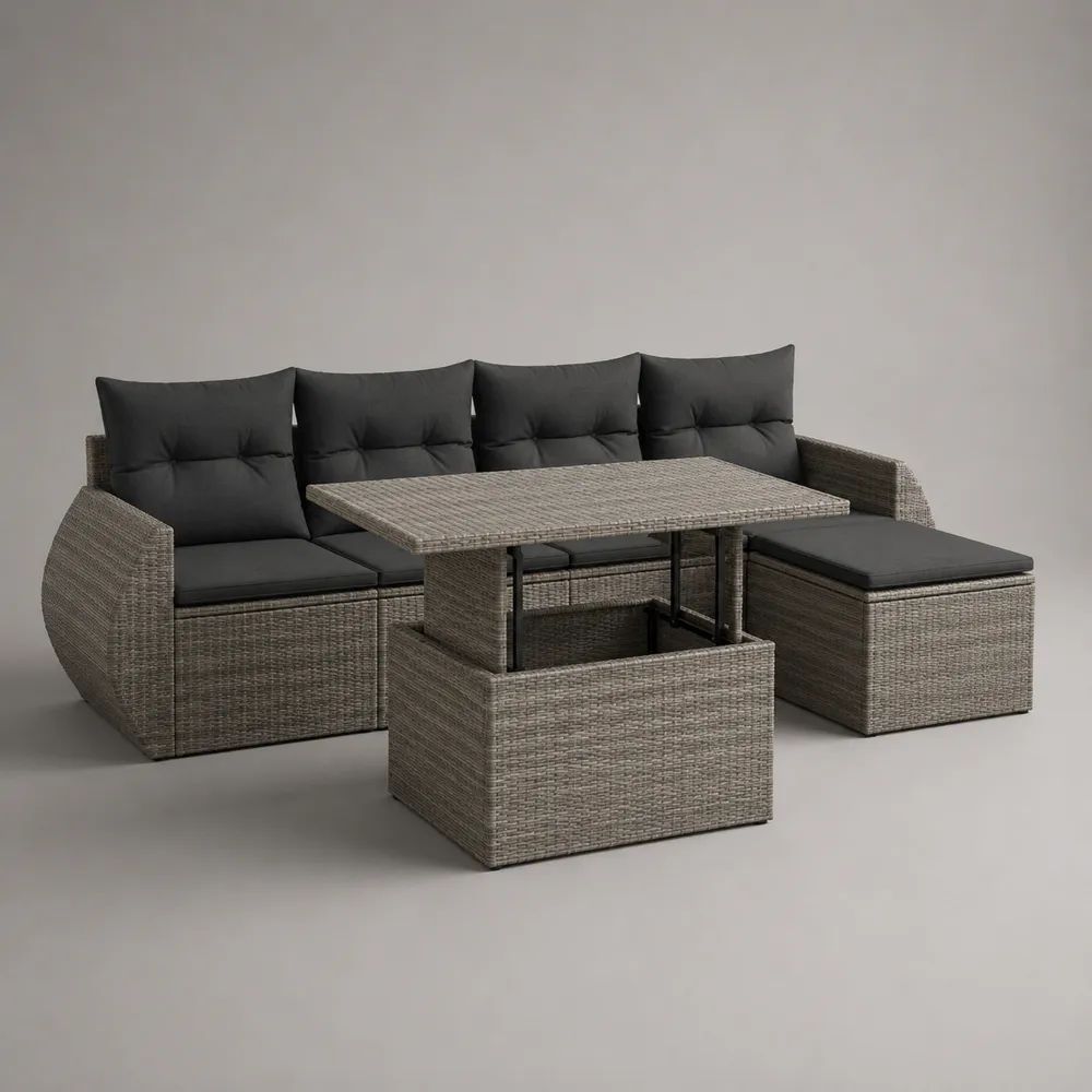 Set salotto da esterno 3 pezzi grigio melange e antracite con divano a L in polyrattan PE, poggiapiedi e tavolo elevabile 120 x 70 x 48-68 cm