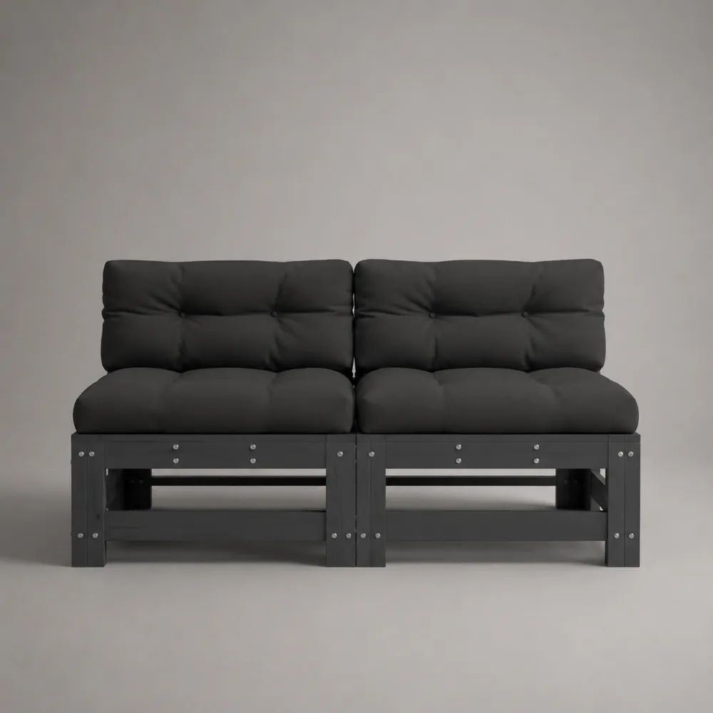 Sofà da giardino componibile a 2 posti, 2 moduli in legno massello e tessuto, nero/antracite, 160 x 75 x 85 cm