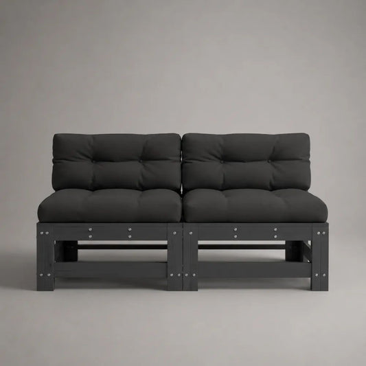Sofà da giardino componibile a 2 posti, 2 moduli in legno massello e tessuto, nero/antracite, 160 x 75 x 85 cm