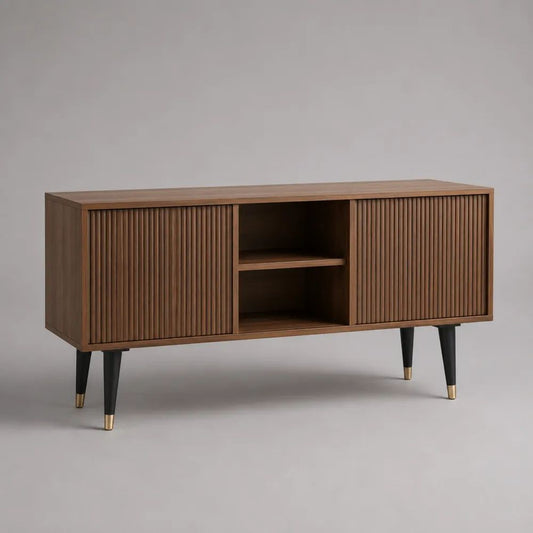 Mobile TV basso rettangolare in legno con 2 ante scanalate, marrone noce, nero e oro, 140 × 40 × 75 cm