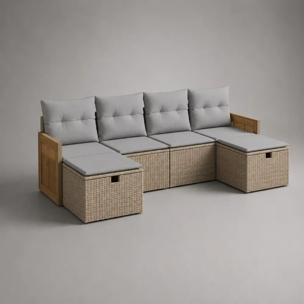 Divano da giardino a 4 posti con 2 pouf contenitore, struttura in metallo, polyrattan e legno, beige e grigio chiaro, 244 x 134 x 82 cm