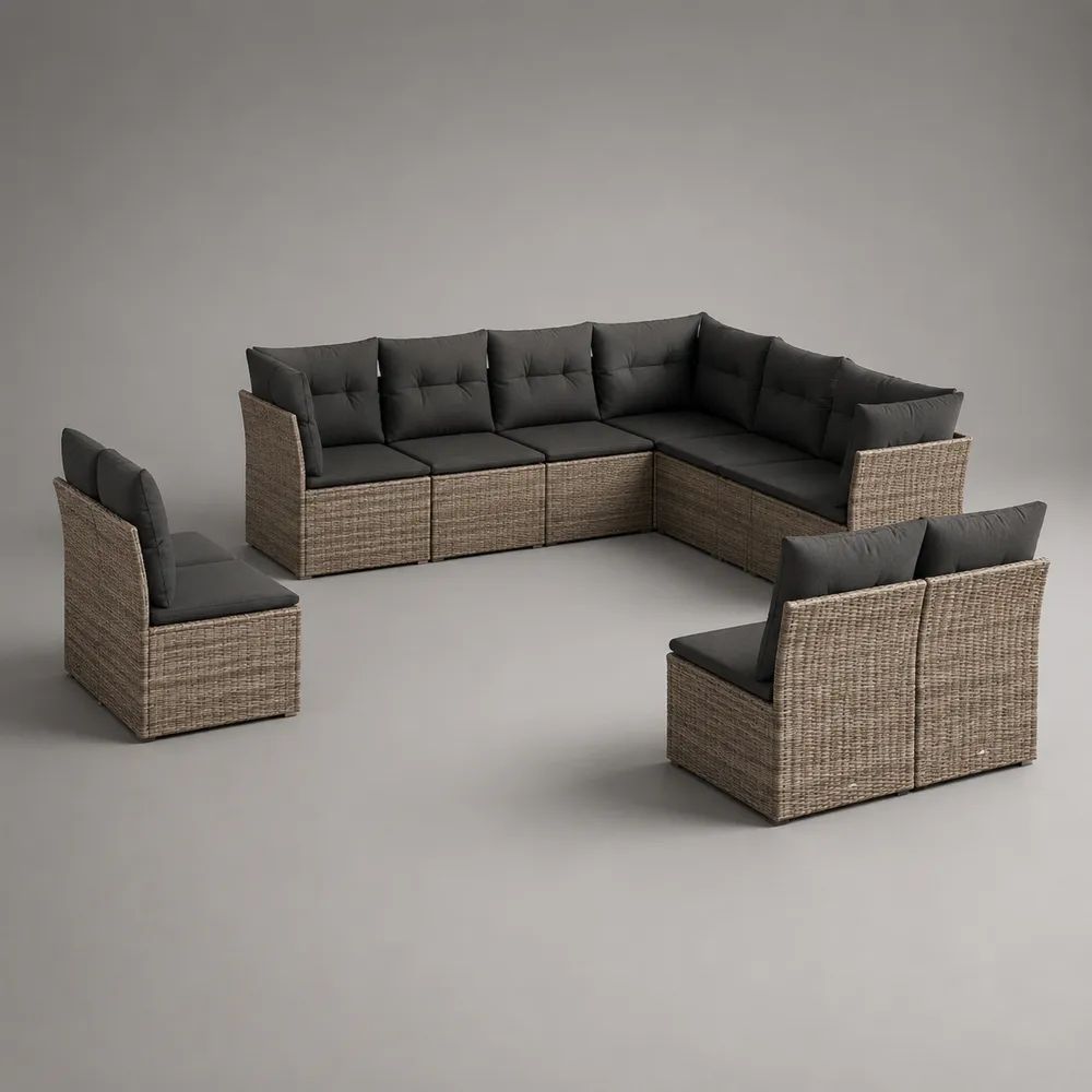 Set divano modulare da esterno a 9 posti in polyrattan PE e acciaio con cuscini antracite, composizione a L, 268 x 201 x 73 cm