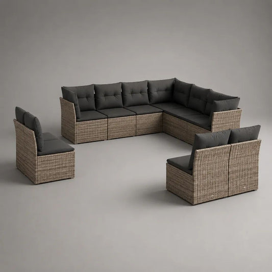 Set divano modulare da esterno a 9 posti in polyrattan PE e acciaio con cuscini antracite, composizione a L, 268 x 201 x 73 cm