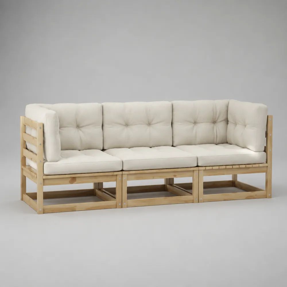 Divano modulare da esterno a 3 posti in legno naturale con cuscini crema, 207 x 70 x 74 cm