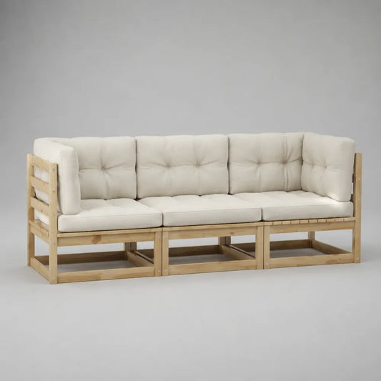 Divano modulare da esterno a 3 posti in legno naturale con cuscini crema, 207 x 70 x 74 cm