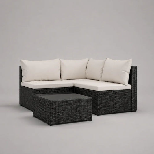 Set salotto da giardino 3 pezzi con divano modulare angolare a 4 posti e tavolino quadrato in rattan PE nero, cuscini crema, 196 x 75 x 72 cm