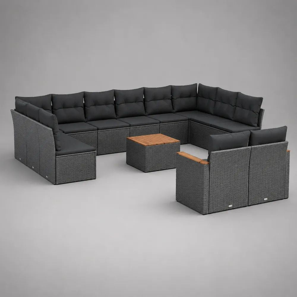 Set divano da giardino modulare 12 pezzi in polyrattan e acciaio grigio con cuscini antracite, moduli da 54/60 x 60 x 60 cm e tavolino da 60 x 60 x 35 cm