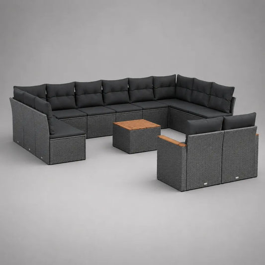 Set divano da giardino modulare 12 pezzi in polyrattan e acciaio grigio con cuscini antracite, moduli da 54/60 x 60 x 60 cm e tavolino da 60 x 60 x 35 cm