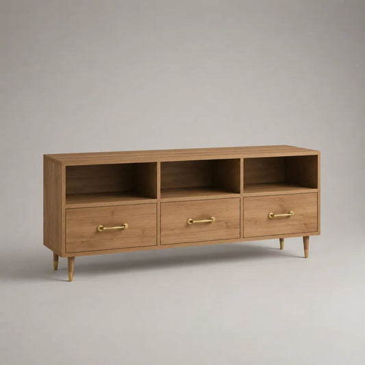 Mobile TV basso rettangolare in legno con 3 cassetti e 3 vani aperti, marrone chiaro e oro, 150 x 40 x 65 cm