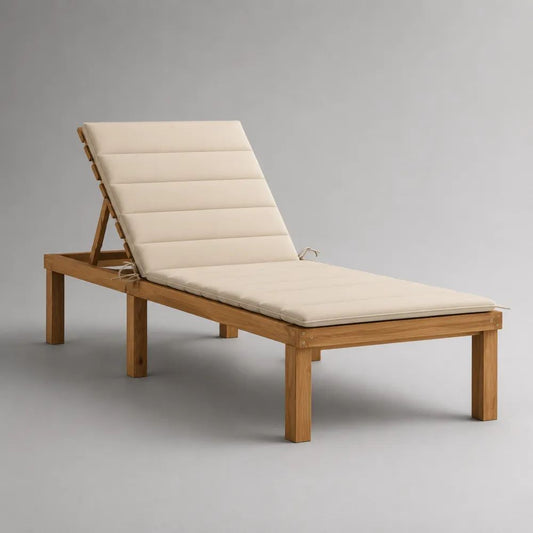 Lettino prendisole rettangolare da esterno in legno massello di acacia con schienale regolabile e cuscino beige, 200 x 70 x 35-90 cm