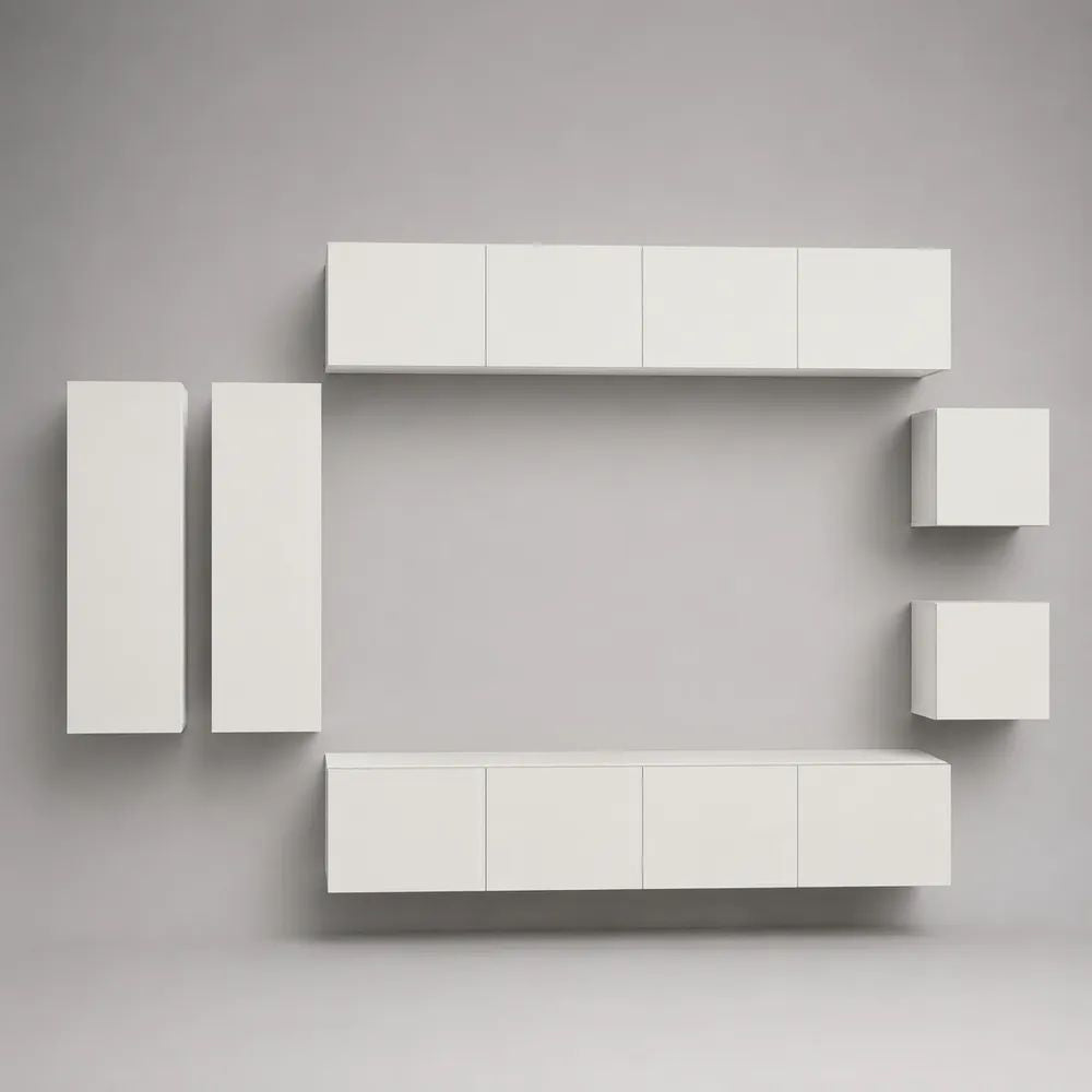 Parete attrezzata TV sospesa a 6 moduli in truciolare melaminico bianco, 300 x 35 x 180 cm