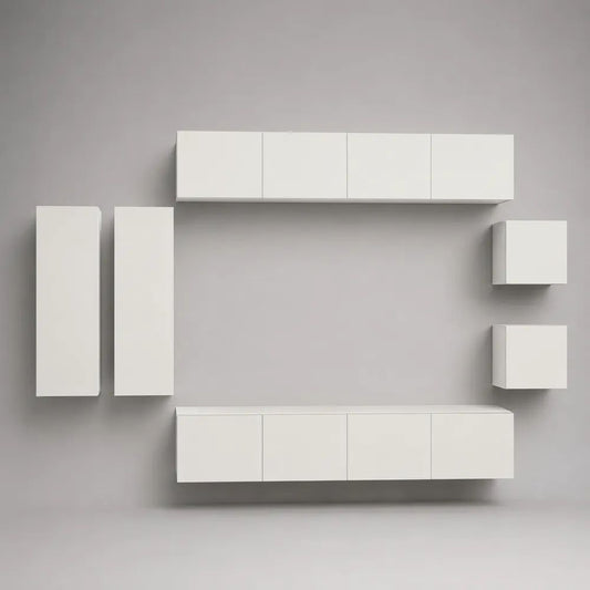 Parete attrezzata TV sospesa a 6 moduli in truciolare melaminico bianco, 300 x 35 x 180 cm