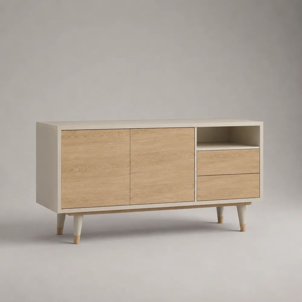 Credenza mobile TV rettangolare in MDF, bianco e rovere naturale, 120 x 40 x 75 cm
